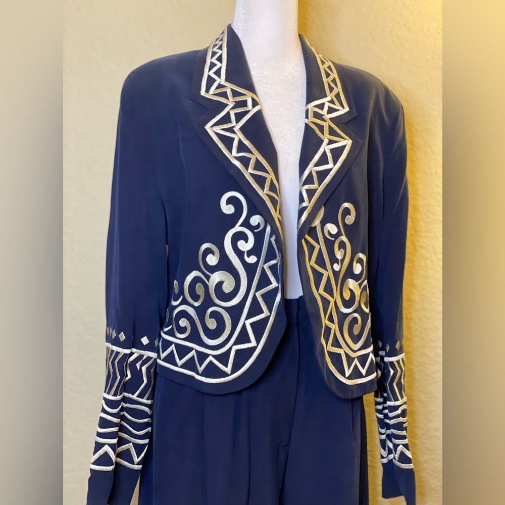 IBE Silk Jacket and Pants. Women’s Suit, Blue with Embroidered Design Detail.